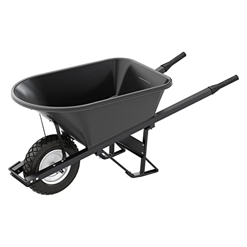 Bon 28 910 Premium Contractor Grade Poly-Tray Single Wheel Wheelbarrow with Steel Handle and Flat Free Tire, 5-3/4 Cubic Feet