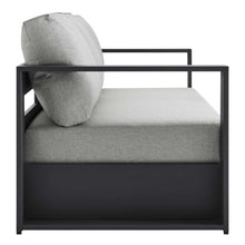 Pemberly Row Modern Outdoor Sofa, Powder-Coated Aluminum Frame with Gray Stain-Resistant Water-Resistant Fabric Cushions, 89" W x 31.5" D x 33" H, Dense Foam Padding, Weatherproof Patio or Poolside