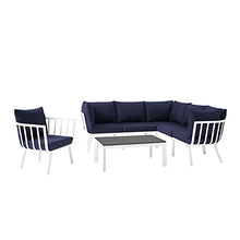 Lounge Sectional Sofa Chair Set, Aluminum, Metal, White Blue Navy, Modern, Outdoor Patio Cafe Bistro