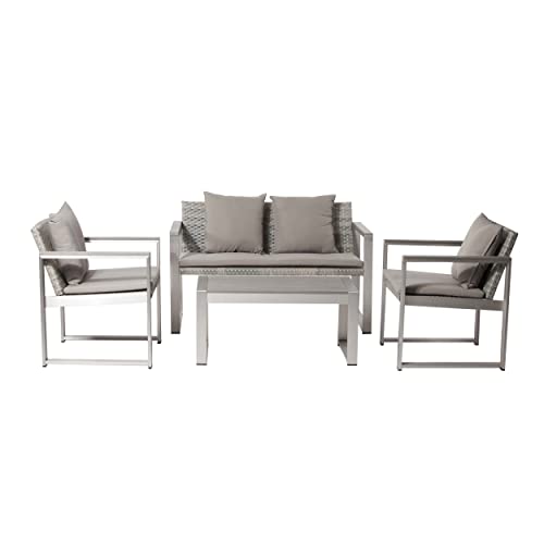 Benzara Lark 4 Piece Outdoor Sofa Set, All Weather Rattan, Gray Fabric Cushions