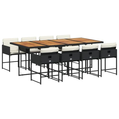 Todiikf 9 Piece Patio Dining Set, Black PE Rattan Outdoor Furniture with 8 Chairs and Acacia Wood Tabletop, Space-Saving Wicker Cube Set with Washable Cushions for Backyard Garden