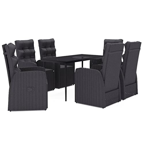 LKJephalotrope 7-Piece Patio Dining Set, Outdoor PE Rattan Wicker Dining Table and 6 Reclining Chairs with Cushions, Steel Frame Garden Furniture Set for Backyard and Porch, Black