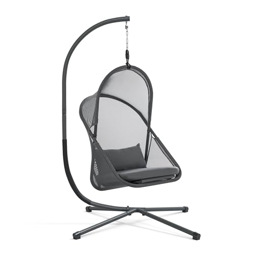 Greemotion Crush Metal Indoor and Outdoor Swing Chair with Stand, Cushions, Breathable and UV-Resistant Mesh, 220 lbs Capacity for Patio Backyard, Balcony, Garden, Bedroom, Dark Gray