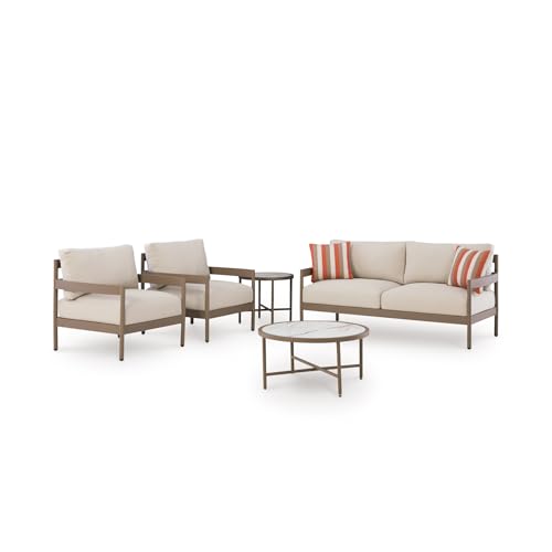 Signature Design by Ashley Big Creek Cove Contemporary Outdoor Loveseat/Chairs/Tables Set with Cushion and 2 Throw Pillows, Set of 5, Beige