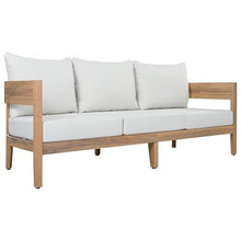SAFAVIEH Outdoor - Theo 3-Seat Sofa - Oak & Ivory - Solid Wood with Cushion - Mid-Century Slatted Design - Ideal for Patio, Deck, Porch, Backyard, 15" Seat Height (PAT7092B)