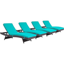 Pemberly Row Modern Rattan Patio Chaise Lounge Set of 4, 17-37.5 in H x 27.5 in W x 78.5 in D, Powder-Coated Aluminum Frame, Espresso and Turquoise Finish, UV and Water-Resistant Outdoor Reclining