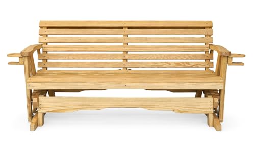 5 FT NATURAL Porch ROLLBACK Glider Cupholders Bench for 3 Person, Amish-Made Pine Wood Glider, Smooth Glide, Balanced Construction, Even Weight Distribution, Relaxed Seating Angle, Made in USA