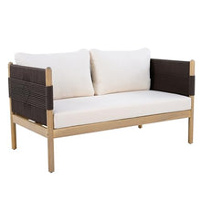 Outdoor Acacia Wood Loveseat with Handwoven Diamond Rope Weave and Cushions, Light Teak Finish Patio Sofa with Black Rope Panels and Cream Fabric for Garden, Balcony, Terrace and Outdoor Lounge