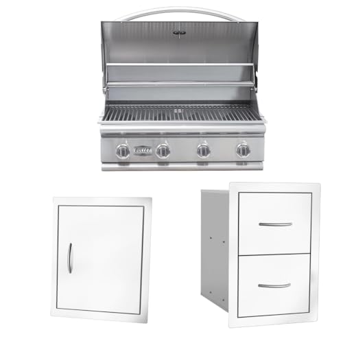 Bullet by Bull Stainless Steel Outdoor - Built-In Natural Gas Grill -Outdoor Kitchen Island Bundle - Includes 4 Burner BBQ, Single Access Door & Double Storage Drawer