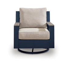 Beco Outdoor Swivel Glider Chair, Beige Nuvella Cushions, Navy Blue Metal