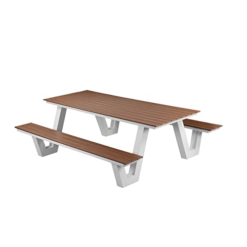 Benzara Limo 86 Inch Picnic Table, Rich Brown Polyresin Slats, Aluminum Frame