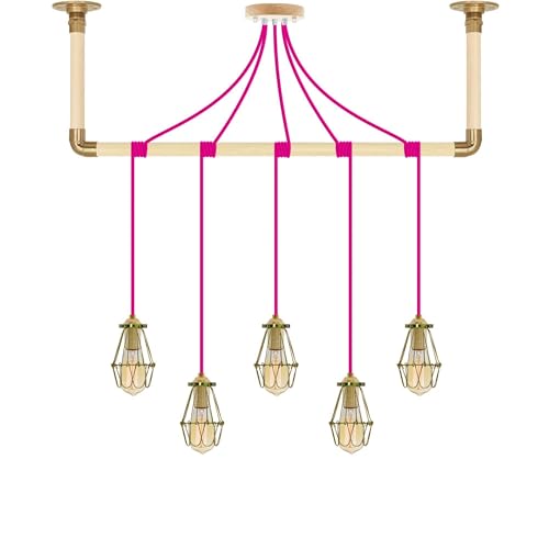 Pink and Brass Hinge Cage Pendant Light Wrapped Natural Wood and Brass Ceiling Bracket - Hangout Lighting - 5 Pendants
