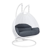 LeisureMod 2 Person Hanging Egg Chair, Indoor Outdoor Patio Lounge Swing with White Stand & UV-Resistant Cushions, Hammock Chair for Bedroom & Garden, Dark Grey