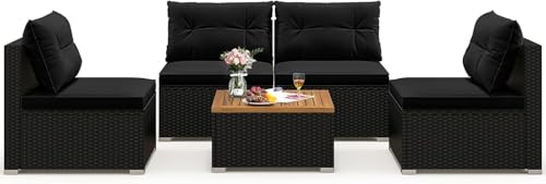 KswyyuwxgqI 5-Piece Outdoor Rattan Sofa Set with Seat and Back Cushions, Wicker Patio Furniture Set with Square Coffee Table for Backyard Poolside Lounge(Black)