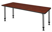 Romig Adjustable Classroom Table Cherry with 2 Navy Blue Stack Chairs