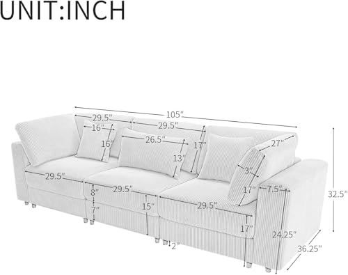 Merax 105" Comfy 3-Seater Sofa with Removable Back Cushions and 5 Pillows Grey