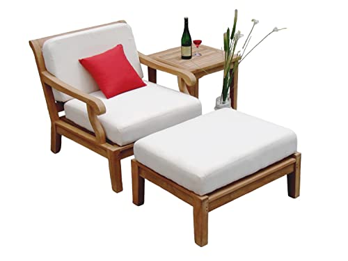 WholesaleTeak Sack 3 Pc Lounge Chair Set: Lounge Chair, Ottoman & Side Table with Cushions in Sunbrella Fabric #57003 Canvas White #12SK3