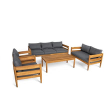 Christopher Knight Home 5-Piece Outdoor Patio Furniture Set, Acacia Wood Conversation Set with 3 Seater Sofa Loveseat Coffee Table and 2 Single Cushions Chairs, Slatted Backyard Seating Set, Dark Gray