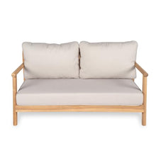 roomfitters Outdoor Wood Patio Loveseat Sofa, Modern Deep Seating 2 Seater Bench Couch with Cushions for Deck, Teak and Beige