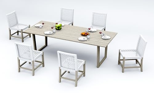 WholesaleTeak 6 Seats 7 Pcs Grade-A Weathered Teak Wood Dining Set: 98" SEMA Rectangle Table and 6 Alsoi Armless Chairs #11AI3300