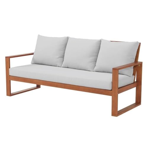 Grafton Eucalyptus 3-Seat Outdoor Bench - Weather-Resistant Gray Cushions, Durable Termite-Resistant Wood, Ideal for Patio & Garden, 74.5 in. W x 31.5 in. D x 33.5 in. H
