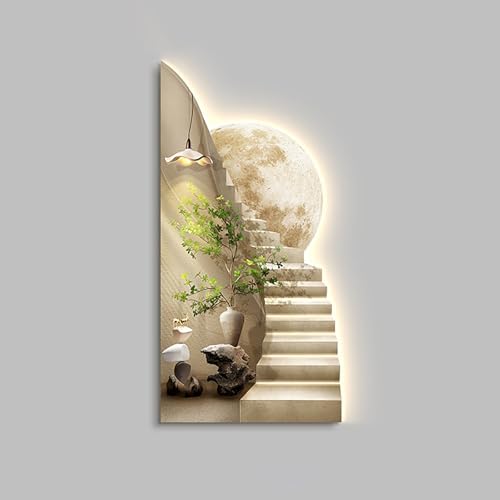 FILWY 3D Wall Art Decor with LED Light, Large Landscape Painting for Living Room, Bedroom, Corridor & Entrance, Vertical Design, 27.61x55.1in (Khaki 19.71x39.4in)