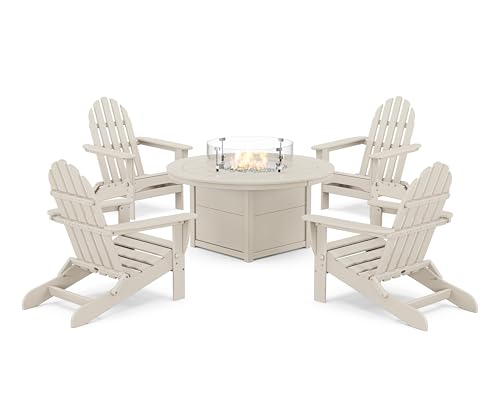 Polywood® Classic Folding Adirondack 6-Piece Conversation Set with Fire Pit Table (Sand)