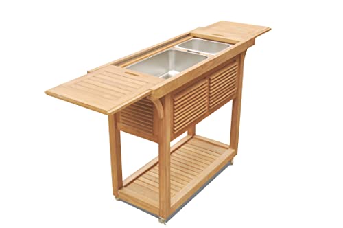 Grade A Teak Wood Outdoor Patio Solvang Teak Bar Cart with Extendable Beverage Tub #27SoC