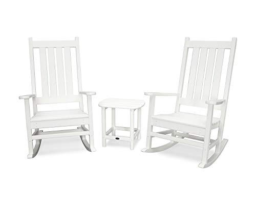 POLYWOOD Vineyard 3-Piece Rocking Chair Set White - Outdoor Patio Furniture Set with Side Table - Front Porch Rocking Chairs - Premium HDPE Lumber Construction - Classic American Style