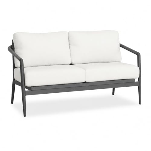 Golden Flame Outdoor Loveseat, 2-Seat Patio Sofa with Powder-Coated Aluminum Frame, Olefin Rope Back, Sunbrella Cushions - Slate Finish Frame, Canvas Natural Fabric
