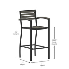 BizChair Commercial Grade Bar Height Stool with Arms, All-Weather Outdoor Bar Stool with Faux Wood Poly Resin Slats and Aluminum Frame, Gray Wash