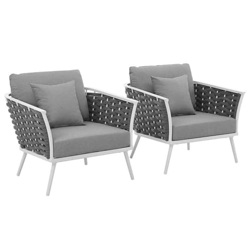 Afuera Living Outdoor Patio Chair Set, Powder-Coated Aluminum Frame, White and Gray Finish, All-Weather Cushions, Dense Foam Padding, Polyester Rope Back, Contemporary Style (Set of 2)