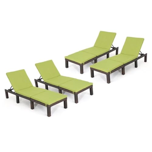 Noble House Jamaica Multi-Brown Wicker Chaise Lounge with Green Cushion (Set of 4)