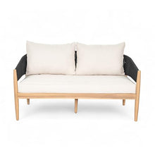 Christopher Knight Home Katarina Patio Acacia Wood Loveseat Furniture, Outdoor Loveseat Sofa with Comfy Fabric Cushions, 2-Seater Sofa with Handwoven Rope Backrest for Garden/Backyard, Black+Beige