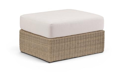 Meridian Furniture 55001Beige-Ott Seacrest Collection Modern | Contemporary Outdoor Patio Ottoman with Half Round Wicker, Water Resistant Fabric, Aluminum Frame, 27" W x 34.75" D x 10.5" H, Cream