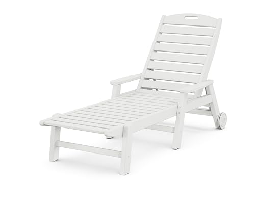 POLYWOOD Nautical White HDPE Chaise Lounge with Arms & Wheels, Stackable Wood Pool Lounge Chair for Outdoor Relaxation