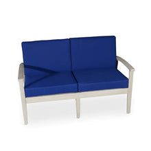 Kaimei Eucalyptus Loveseat for Patio, Deck or Backyard, Deep Seating with Cushions, Driftwood Gray Finish and Navy Cushions