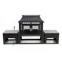 Deko Living 70 Inch Rectangular Outdoor Steel Woodburning Fireplace with Side Tables - Integrated Log Storage and Log Poker