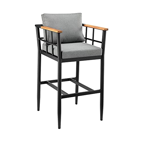 Armen Living Wiglaf Modern Outdoor Patio Counter Chair Bar Stool in Aluminum Metal and Teak Wood with Gray Cushions, 26" Seat Height