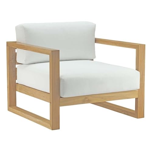 Pemberly Row Solid Teak Wood Outdoor Patio Armchair, Natural and White Finish, 29.5" H x 33.5" W x 34.5" D, Water-Resistant Cushions, Machine Washable Covers, Durable Outdoor Seating for Patio or