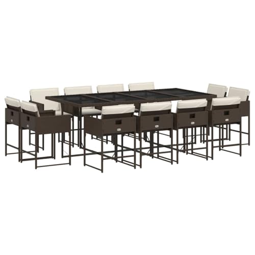 LKJephalotrope 13 Piece Patio Dining Set with Cushions, Brown PE Rattan Outdoor Furniture with Large Tempered Glass Table and 12 Space-Saving Chairs for Backyard and Garden