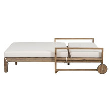Merax 4-Position Adjustable Outdoor Double Chaise Lounge Chair for 2 Persons, Wooden Sunbed Daybed with Beige Cushion and Wheels, Farmhouse-Styled, Beige