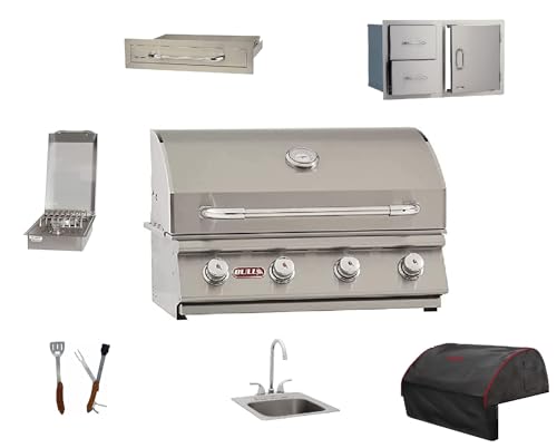 AMS BULL grill 30" Outlaw BBQ Grill with BULL single Side Burner, 30'' Door/Drawer Combo, Single Drawer, Sink and Cover (Natural Gas)