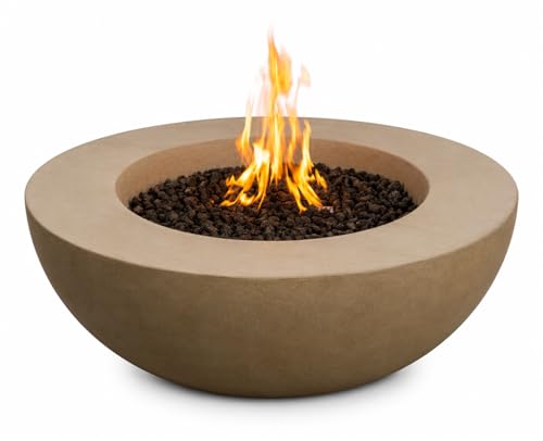 Golden Flame 42 Inch Round Natural Gas Fire Pit – GFRC Outdoor Fire Bowl with 65,000 BTU Stainless Steel Burner, Push Button Ignition & Protective Cover – Modern Patio Fire Table – Sand