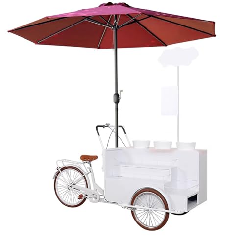 TT-YEL Heavy Duty Iron Commercial Float with Multi-Layer Irregular Display Rack, Adjustable Parasol, Multi-Functional Mobile Three-Wheel Service Vehicle, Outdoor Market Stall Scooter,White