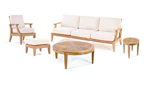 WholesaleTeak Lagos 5 Pc Sofa Set: Sofa, Lounge Chair, Ottoman, 39" Round Coffee Table & 22" Round Side Table with Cushions in Sunbrella Fabric #57003 Canvas White #12LG5