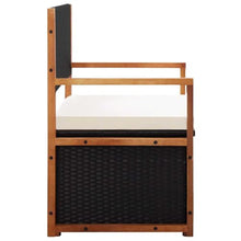 Favemtsl 45.3" Outdoor Storage Bench - Poly Rattan Garden Bench with Solid Acacia Wood Armrests, Large Capacity Patio Seat with Removable Cushion for Backyard, Porch and Indoor Use, Black