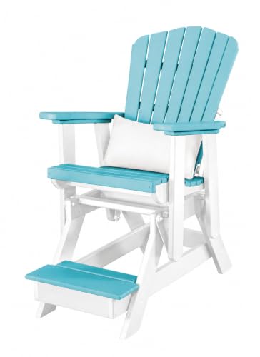 DutchCrafters Slat Fan Back Poly Balcony Adirondack Glider with Footrest Outdoor Patio Chair (White & Aruba Blue)