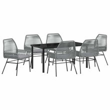 Grey 7-Piece Outdoor Dining Set with Cushions, Poly Rattan Patio Furniture Set with Tempered Glass Table for Garden, Backyard, Poolside, Includes 6 Chairs, Weather-Resistant Durable for Entertaining