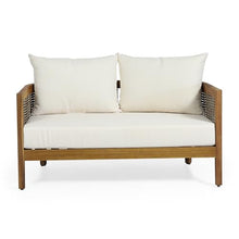 Christopher Knight Home Burchett Outdoor Loveseat and Coffee Table Set with Cushions - Acacia Wood and Rattan - Teak/Mixed Brown/Beige